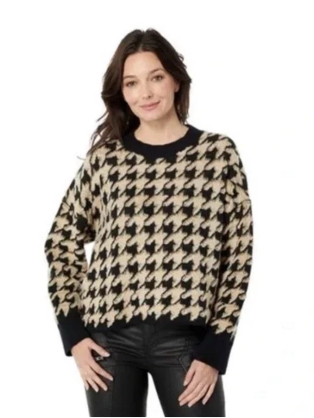 Max Studio Houndstooth Crewneck Sweater in Black and Cream XL